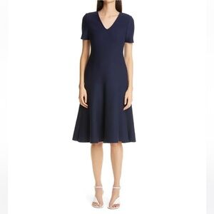 NWT ST. JOHN V Neck Milano Knit Fit & Flare Navy Blue Cotton Blend A-Line Dress